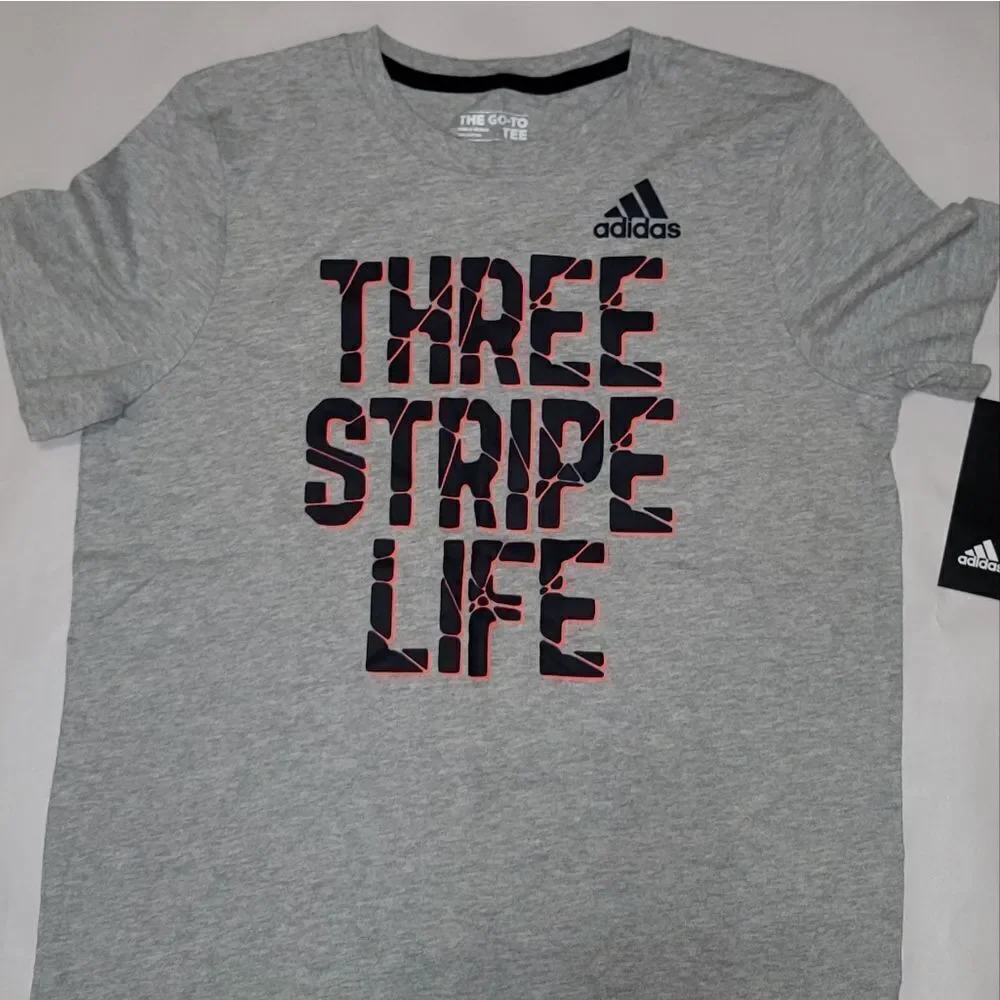 NWT Adidas Kids Grey 'Three Stripe Life' The Go To SS T-Shirt Size M 8-10